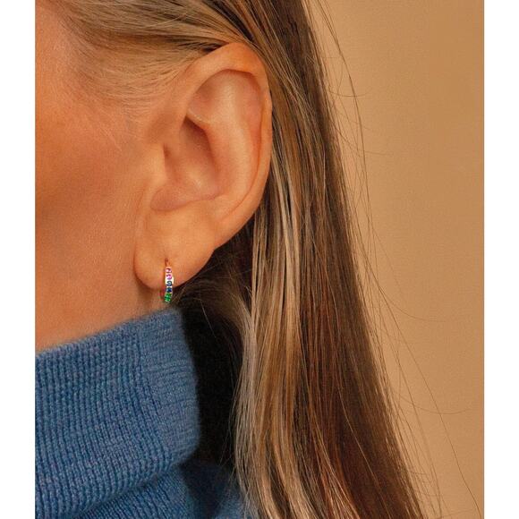 10K Gold Tiny Hoop Earrings, Multi-Color Rainbow CZ Gemstone, 11mm Everyday Wear - Picture 3 of 6